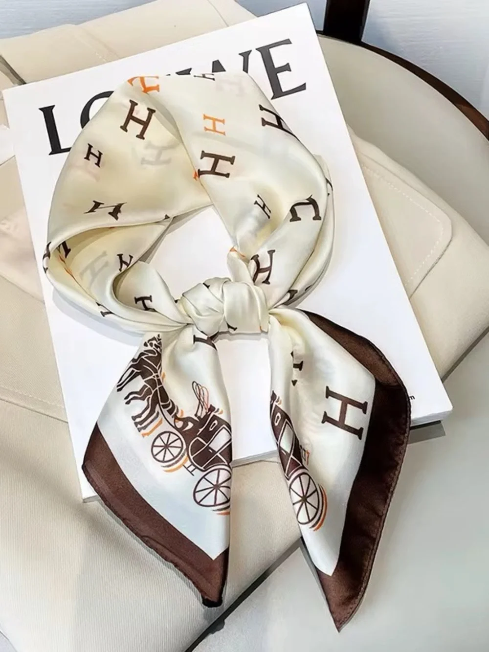 90cm x90cm Elegant Cream Silk-Feel Scarf with Brown H Motif